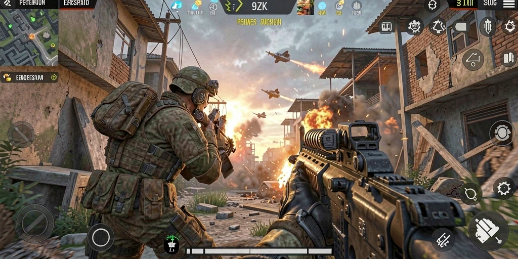 Screenshot gameplay 9ZK menunjukkan aksi tembak-menembak yang intens.