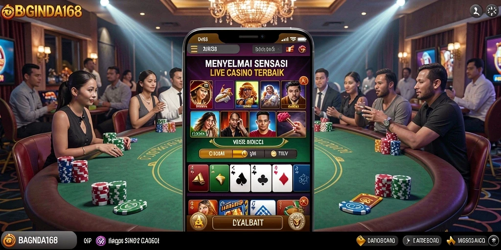 Screenshot utama BAGINDA168 menampilkan dealer langsung dalam permainan Live Casino.