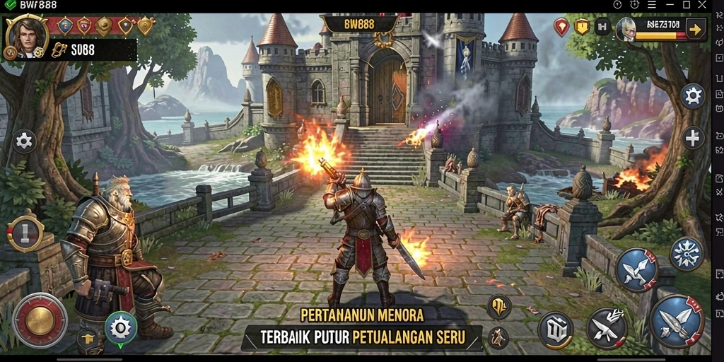 Tangkapan layar gameplay BW888 menampilkan pertempuran Tower Defense yang seru.