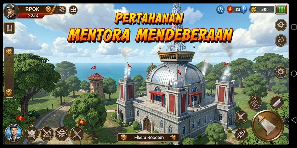 Screenshot utama RPOK menampilkan aksi pertahanan menara yang menegangkan.