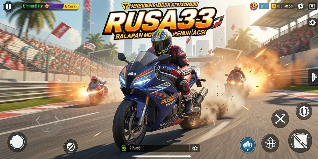 Tampilan screenshot RUSA33 menggambarkan aksi balapan motor yang seru.